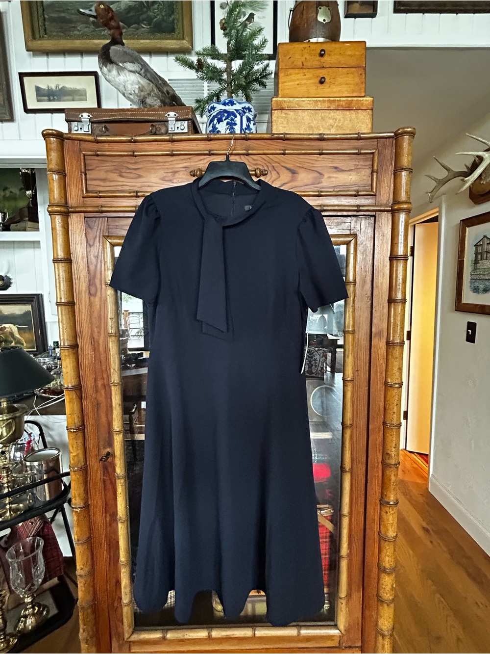 Sleek Navy Midi Dress with Neck Tie